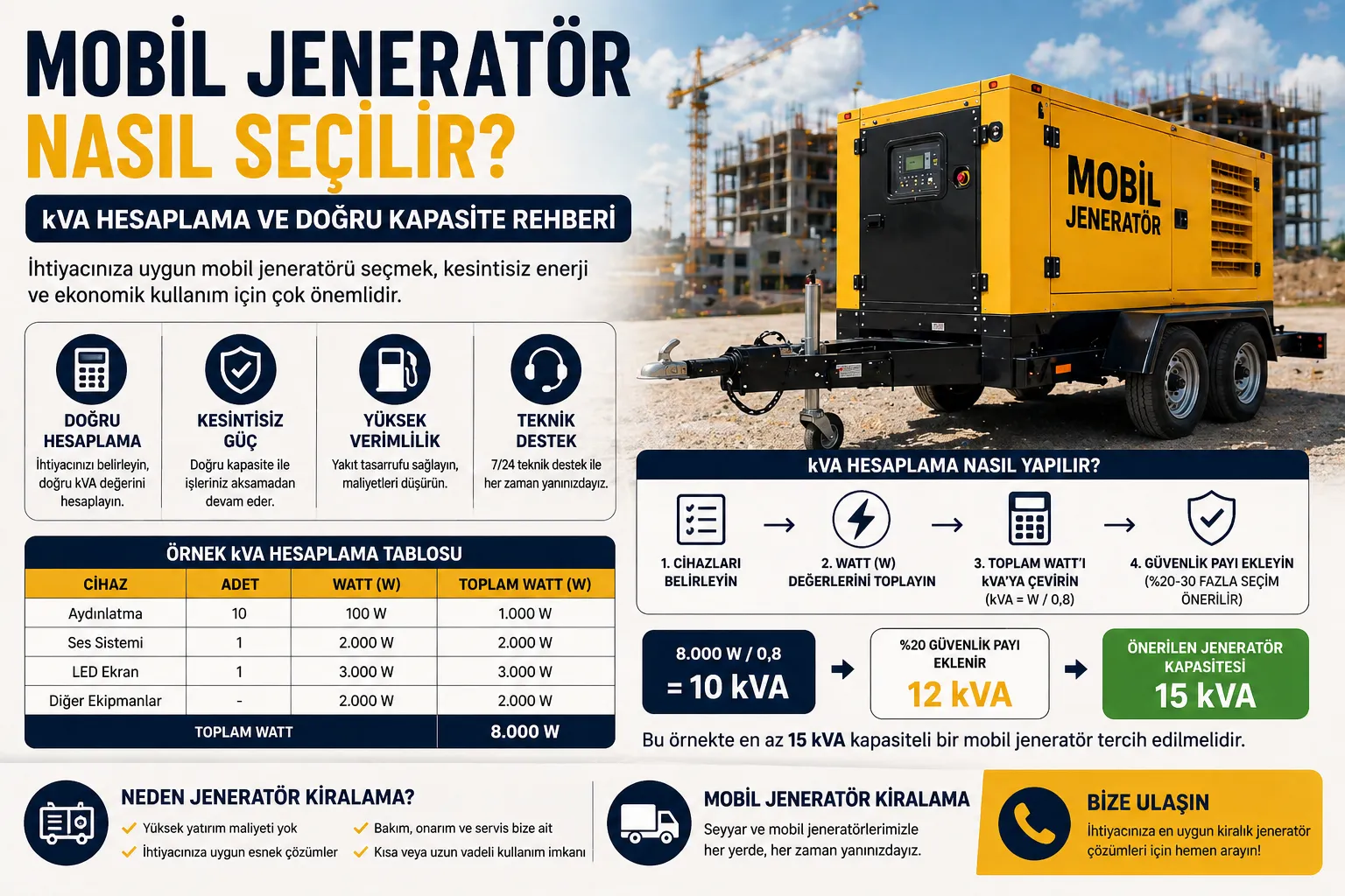 Mobil Jeneratör Nasıl Seçilir? kVA Hesaplama ve Doğru Kapasite Rehberi