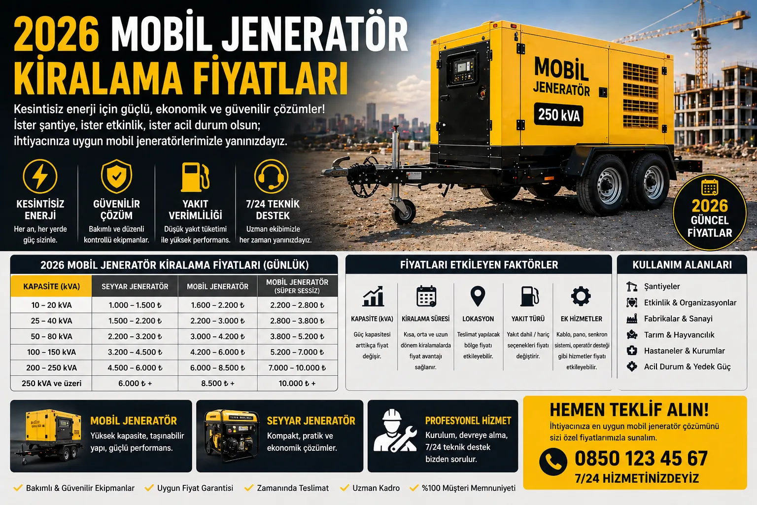 2026 Mobil Jeneratör Kiralama Fiyatları